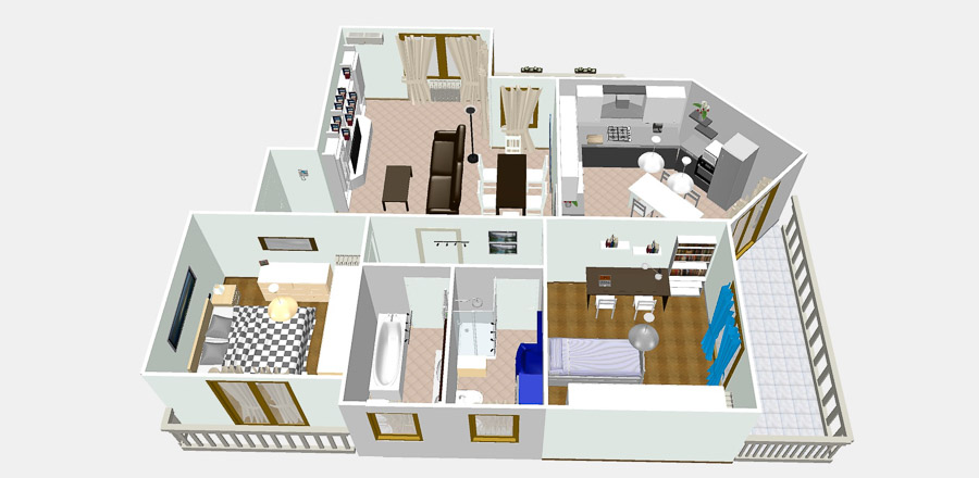Mappa grafica 3D dell'appartamento, vista dall'alto per antifurto